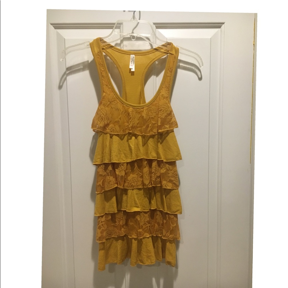 Mustard/gold racer back, tank top w/ ruffle detail